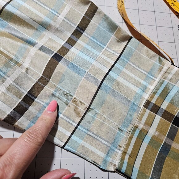 Carlisle Womens Plaid Button-Up Shirt 3/4 Sleeves Size 18 100% Silk Beige & Blue - Picture 3 of 11